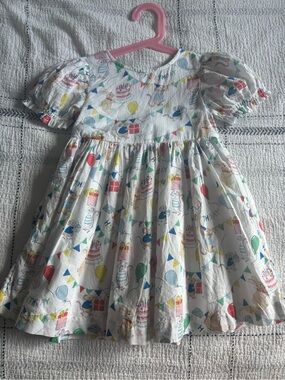 Mini Boden White Dress with Multicolor Balloon & Cake Print